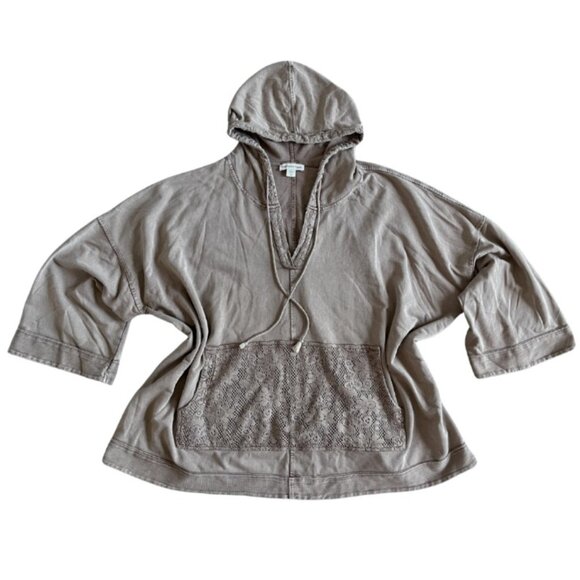 Olive Khaki Lace Trim Hoodie Tunic Top 3/4 Sleeve Cotton Pullover Plus Size 3X - Picture 2 of 7